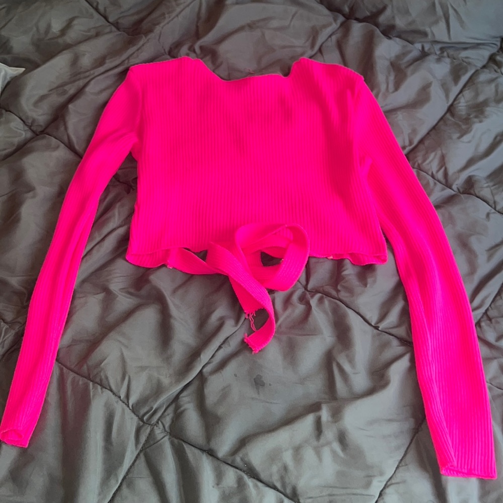 Hot pink tie in the back sweater